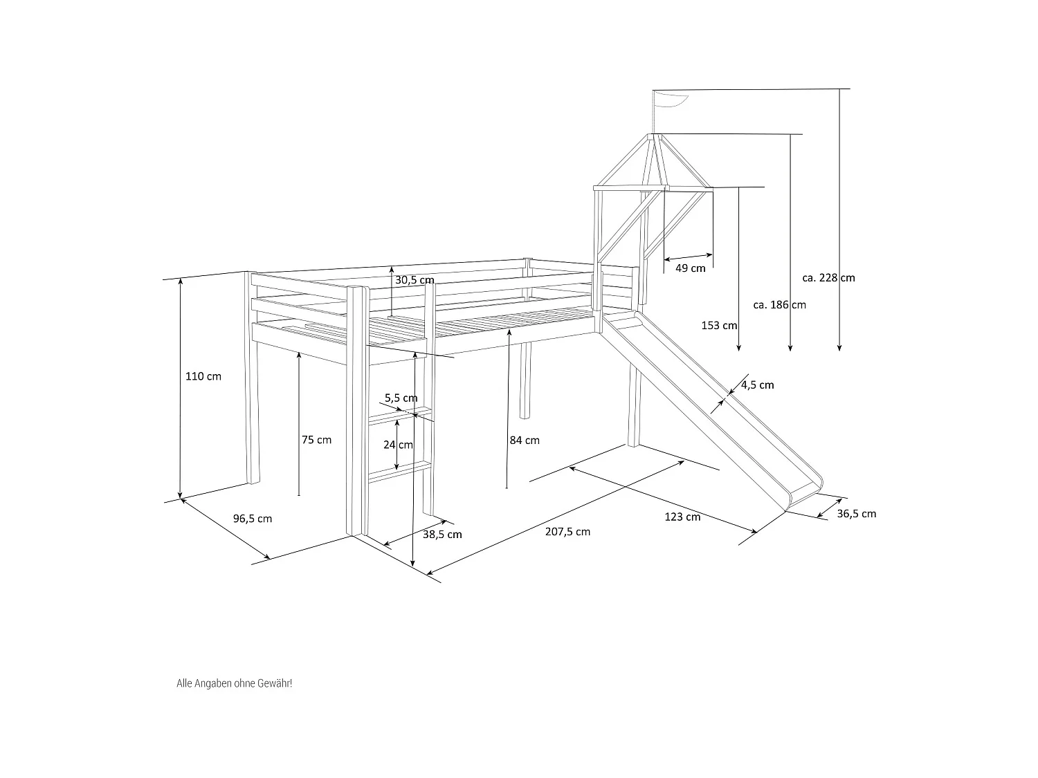 Lit mezzanine 207,5x228x219,5 cm Blanc Gris Lattes Tour