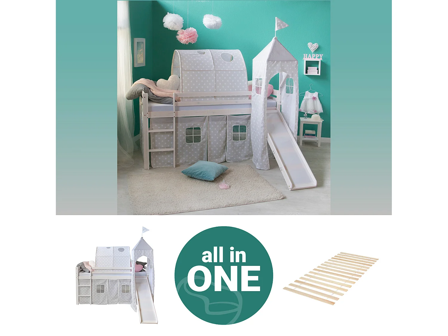 Lit mezzanine 207,5x228x219,5 cm Blanc Gris Lattes Tour