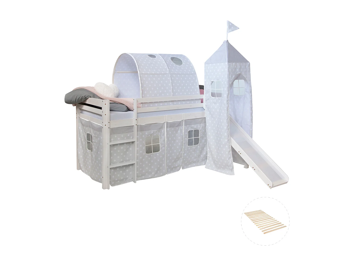 Lit mezzanine 207,5x228x219,5 cm Blanc Gris Lattes Tour