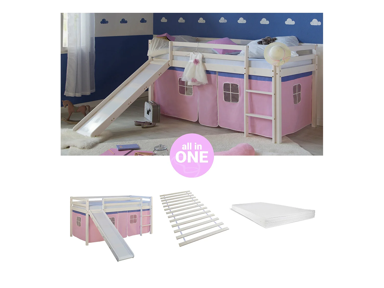 Hochbett 90x200 cm Rosa