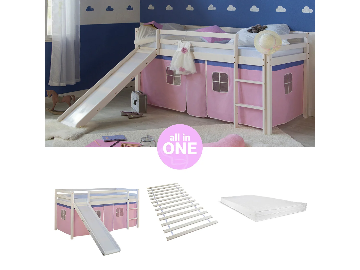 Hochbett 90x200 cm Rosa