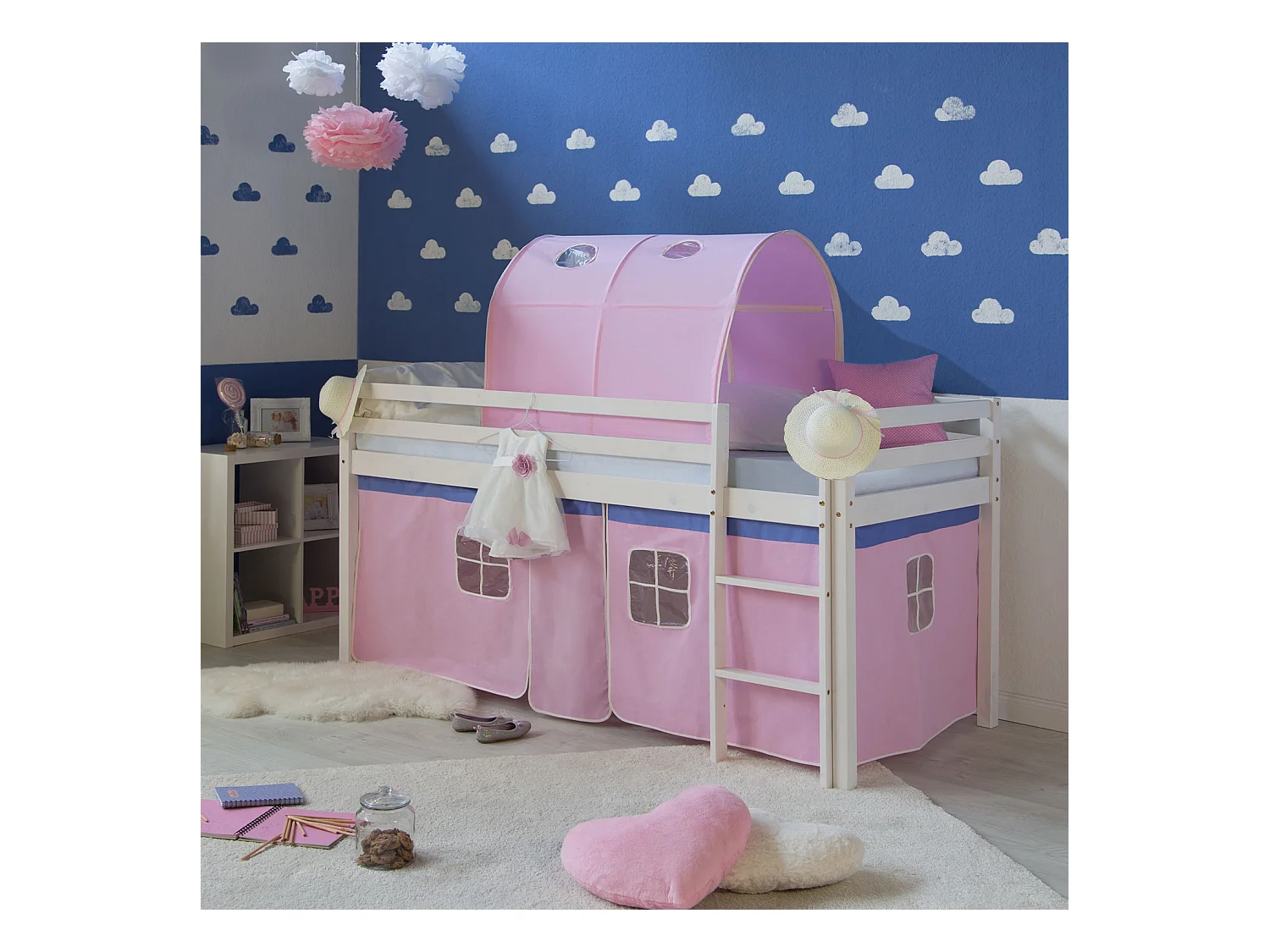 Hochbett 90x200 cm Rosa Massiv Kiefernholz