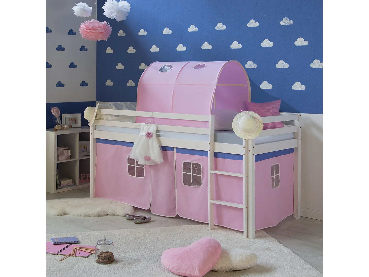 Cama alta 90x200 cm Rosa Madera maciza de pino