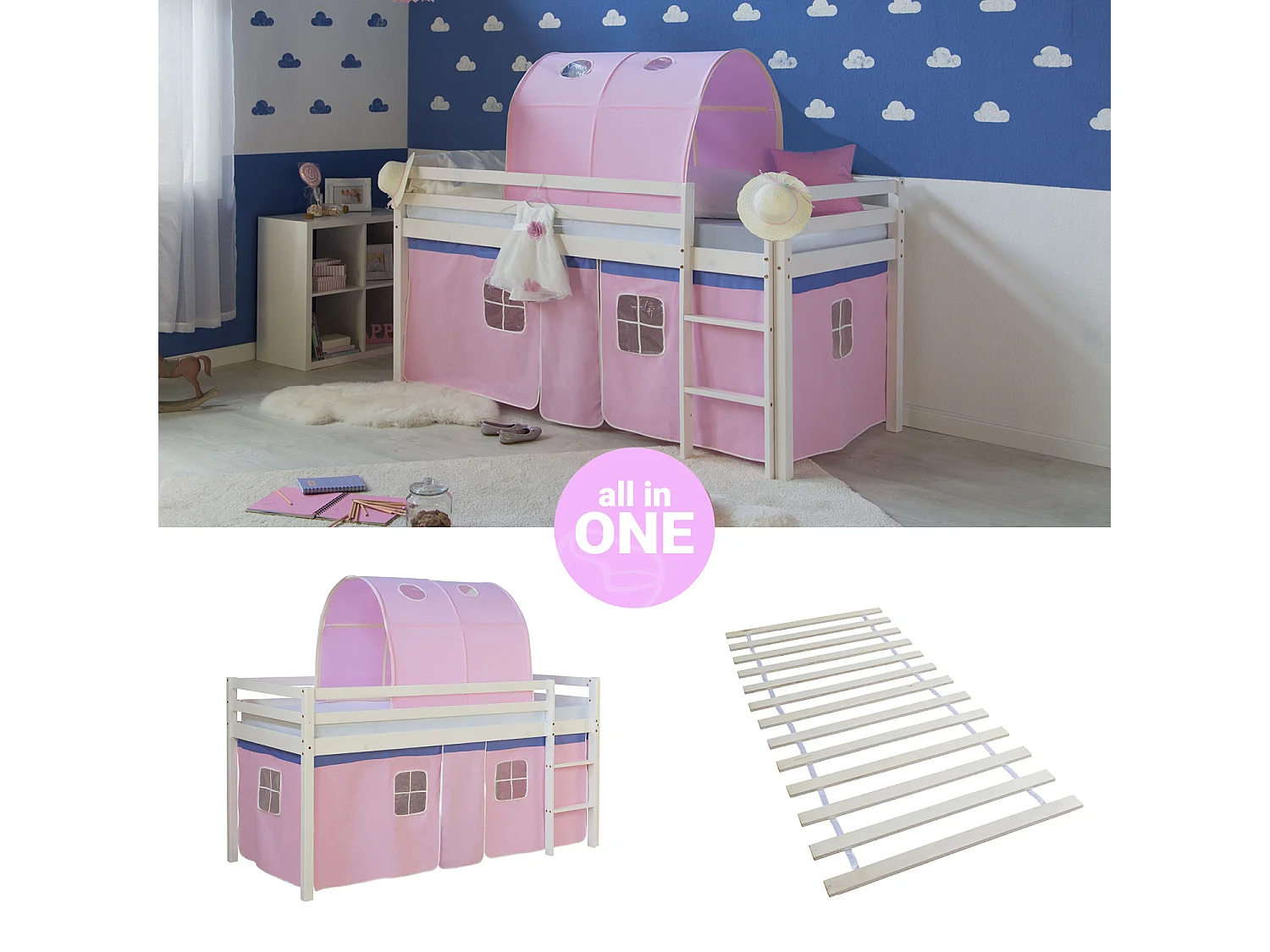 Cama alta 90x200 cm Rosa Madera maciza de pino