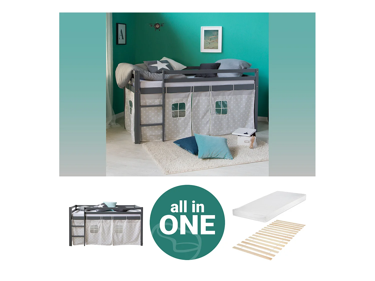 Hochbett 90x200 cm grau