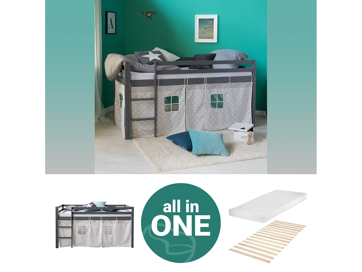 Lit mezzanine 90x200 cm gris