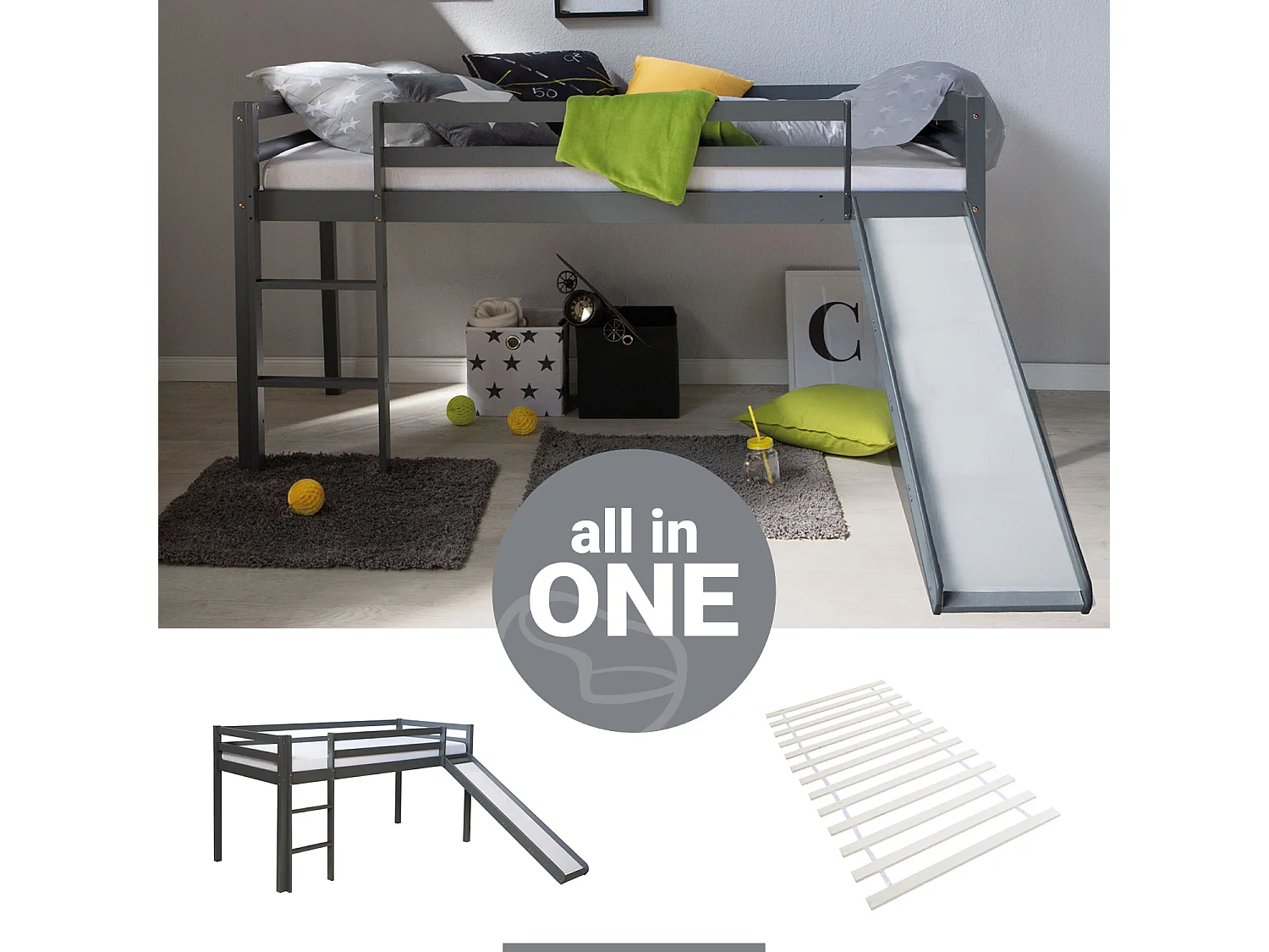 Lit mezzanine 207x110x97 cm gris