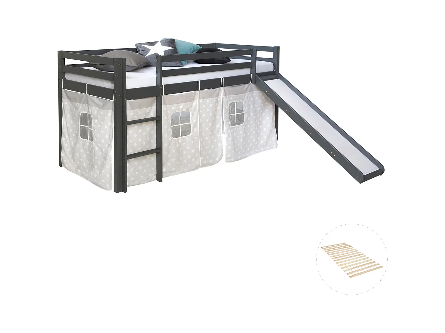 Lit Mezzanine avec Toboggan 90x200 cm Gris Bois de Pin Massif Rideau Étoiles