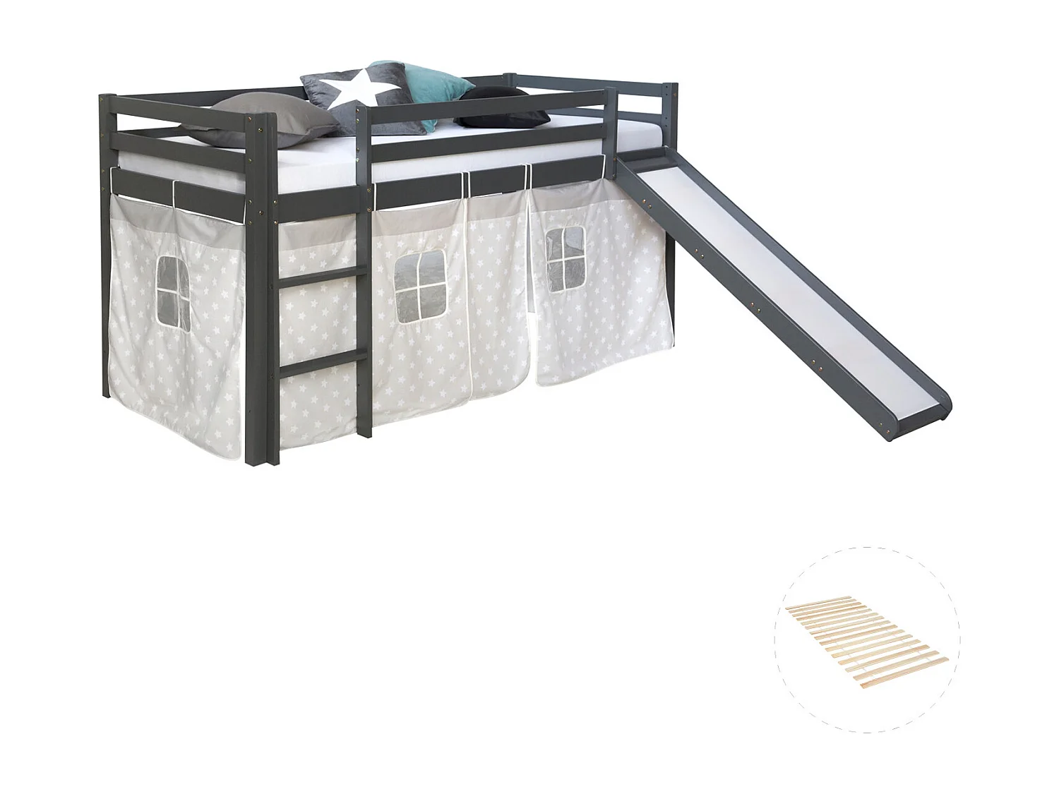 Lit Mezzanine avec Toboggan 90x200 cm Gris Bois de Pin Massif Rideau Étoiles