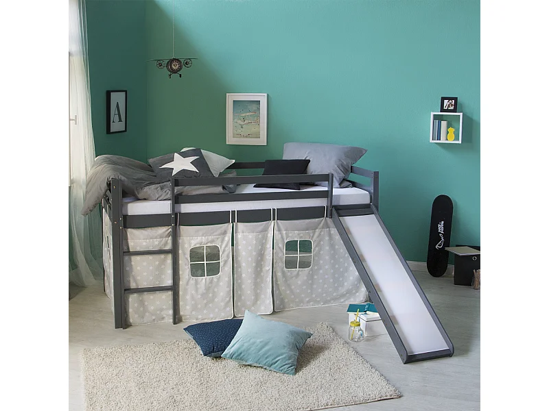 Cama alta con tobogán 90x200 cm Madera maciza de pino Gris Cortina Estrellas