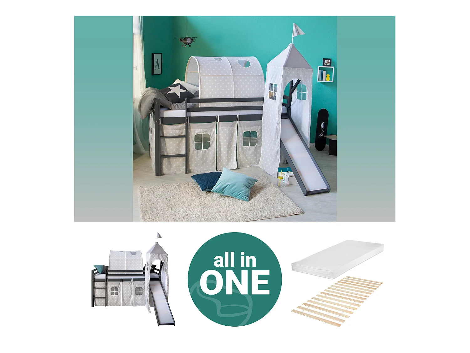 Lit mezzanine 90x200 cm gris