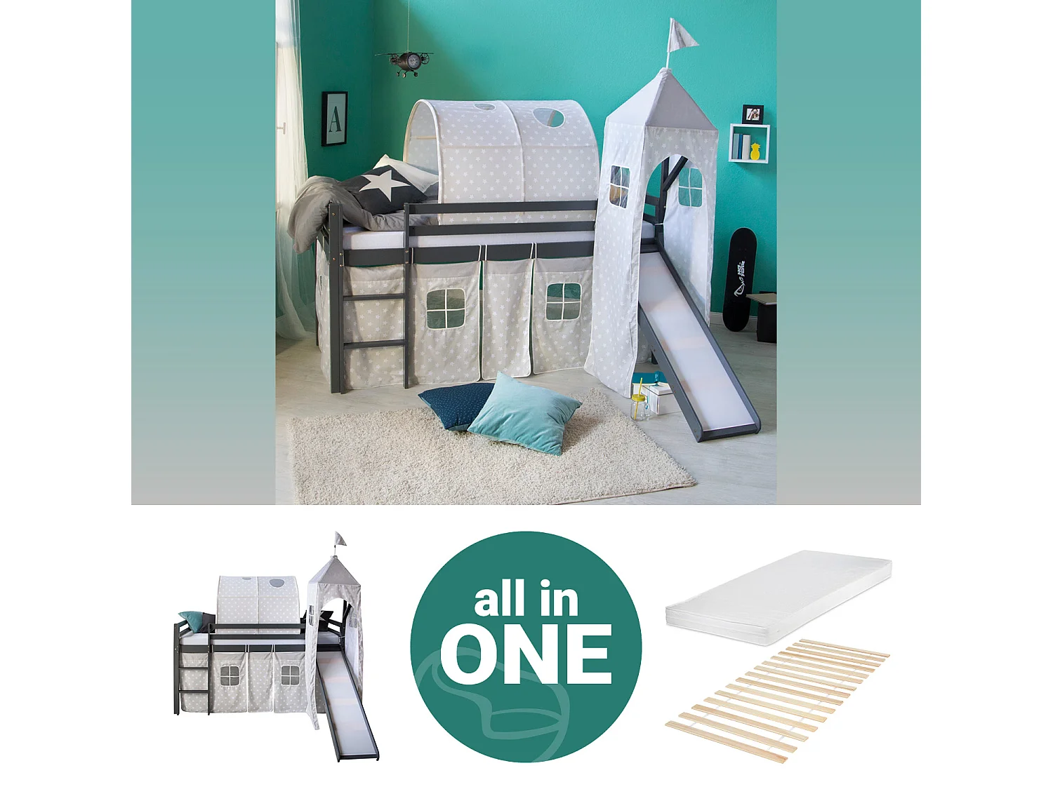 Lit mezzanine 90x200 cm gris