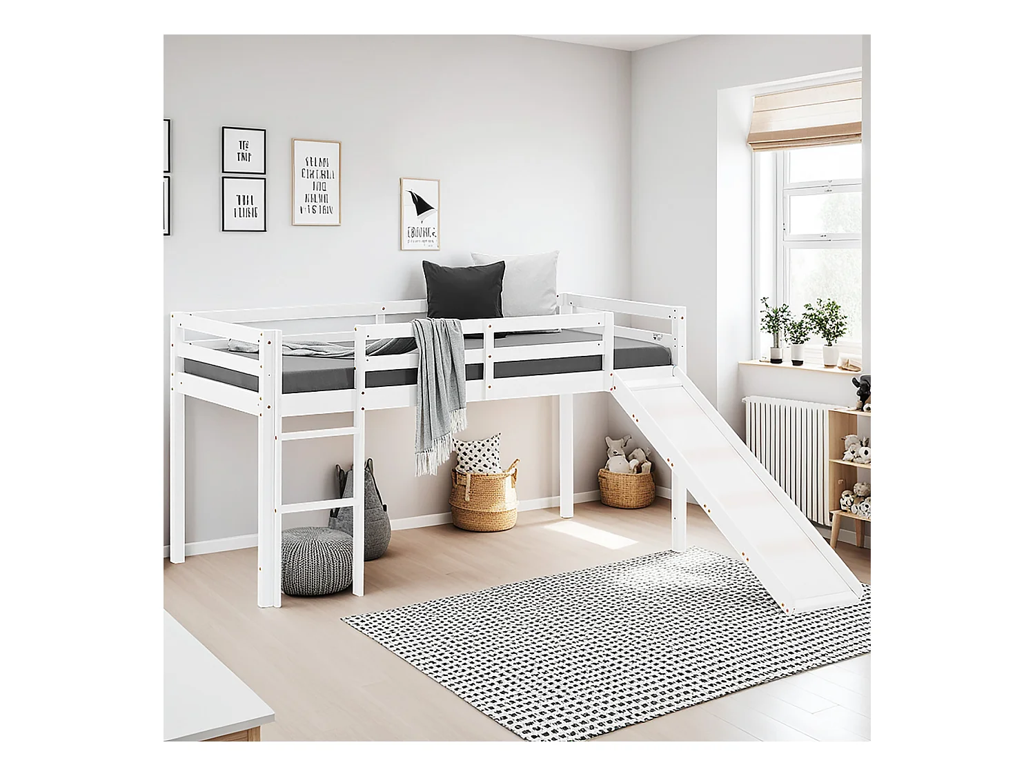 Lit mezzanine 207x110x97 cm blanc avec matelas, sommier à lattes, tiroir coulissant