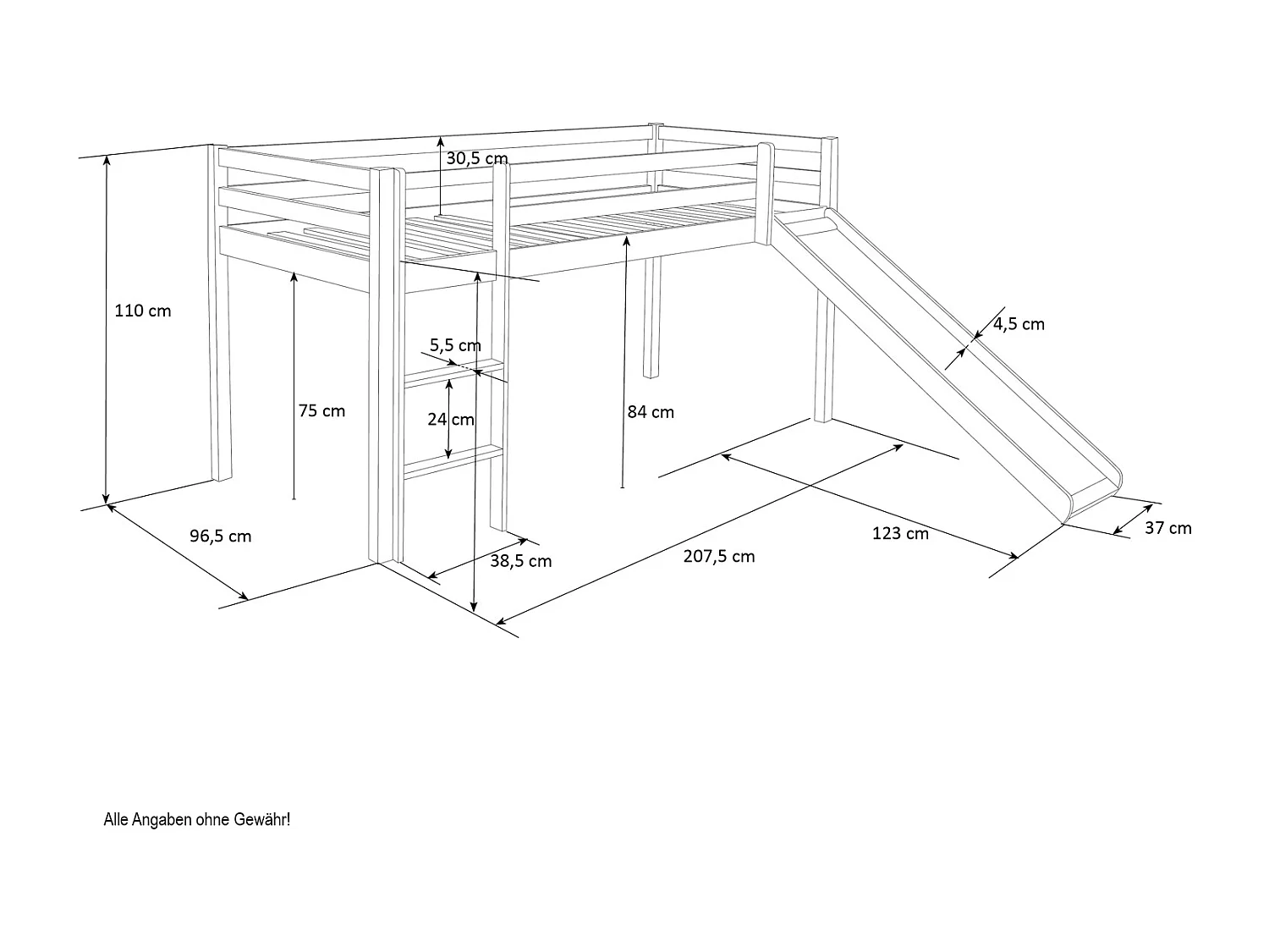 Lit mezzanine 207x110x97 cm blanc avec matelas, sommier à lattes, tiroir coulissant