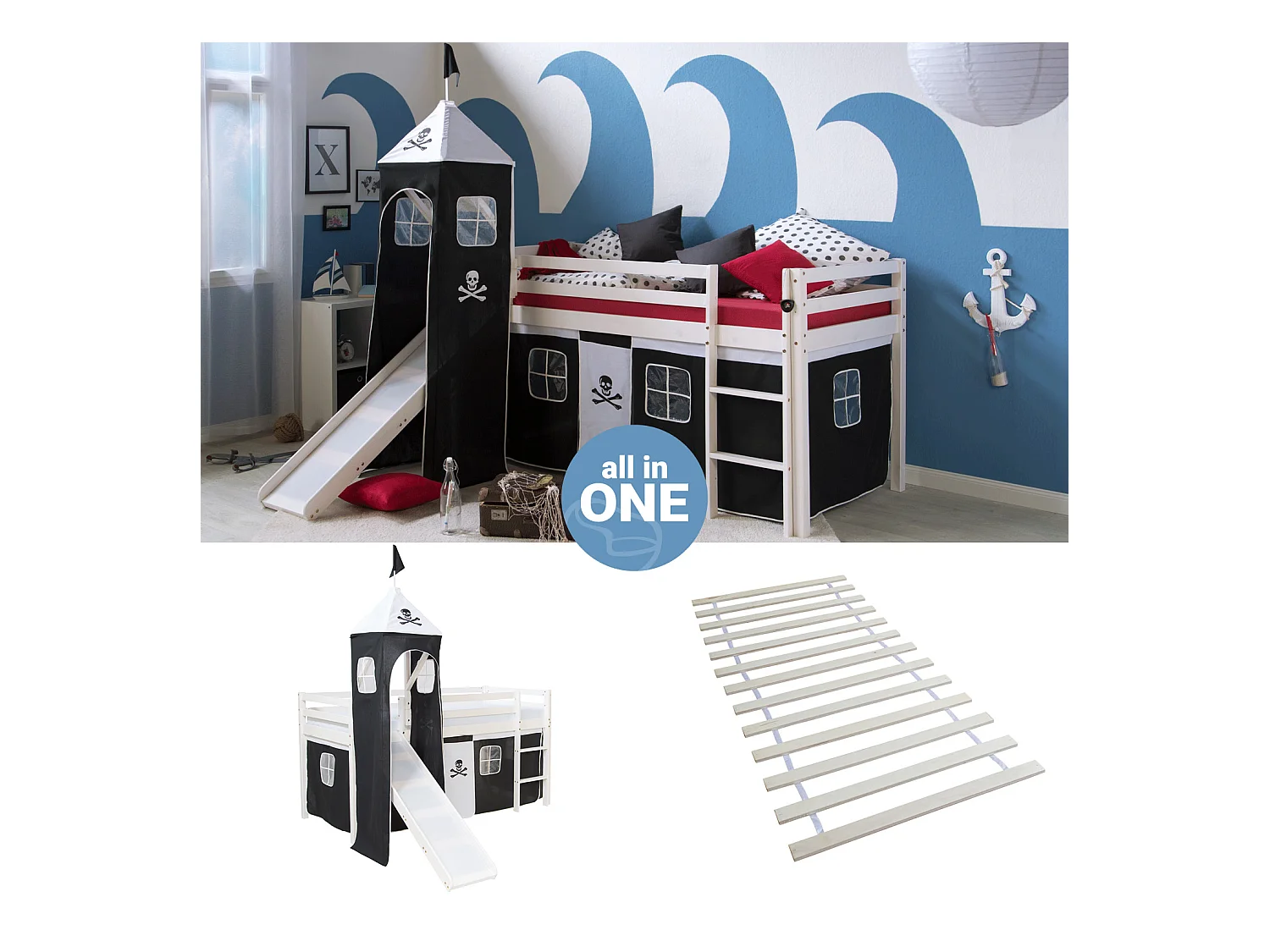 Hochbett 207,5x228x219,5 cm Weiß Schwarz Turm Lattenrost