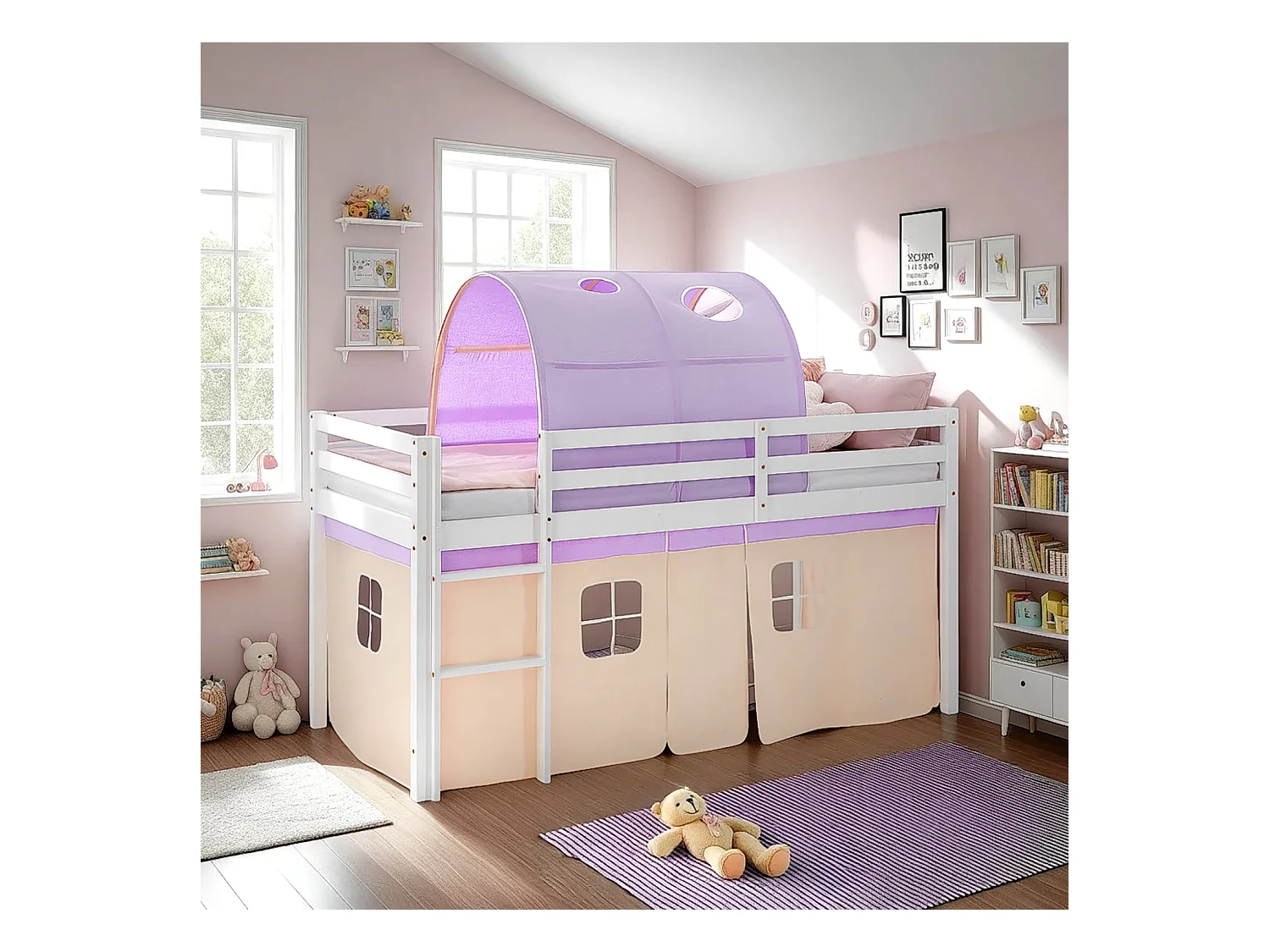 Hochbett 90x200 cm Lila Pfirsich, Etagenbett, Kinderbett, Kiefernholz, Tunnelvorhang, Hochbett mit Lattenrost