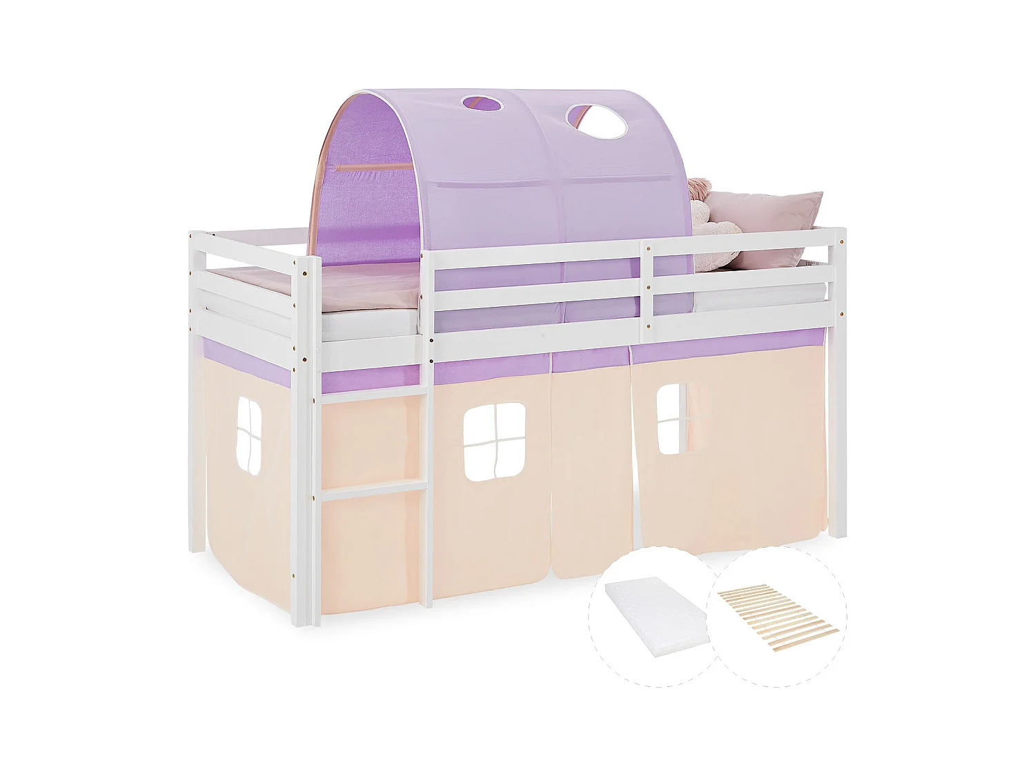 Hochbett 90x200 cm Lila Pfirsich, Etagenbett, Kinderbett, Kiefernholz, Tunnelvorhang, Hochbett mit Lattenrost