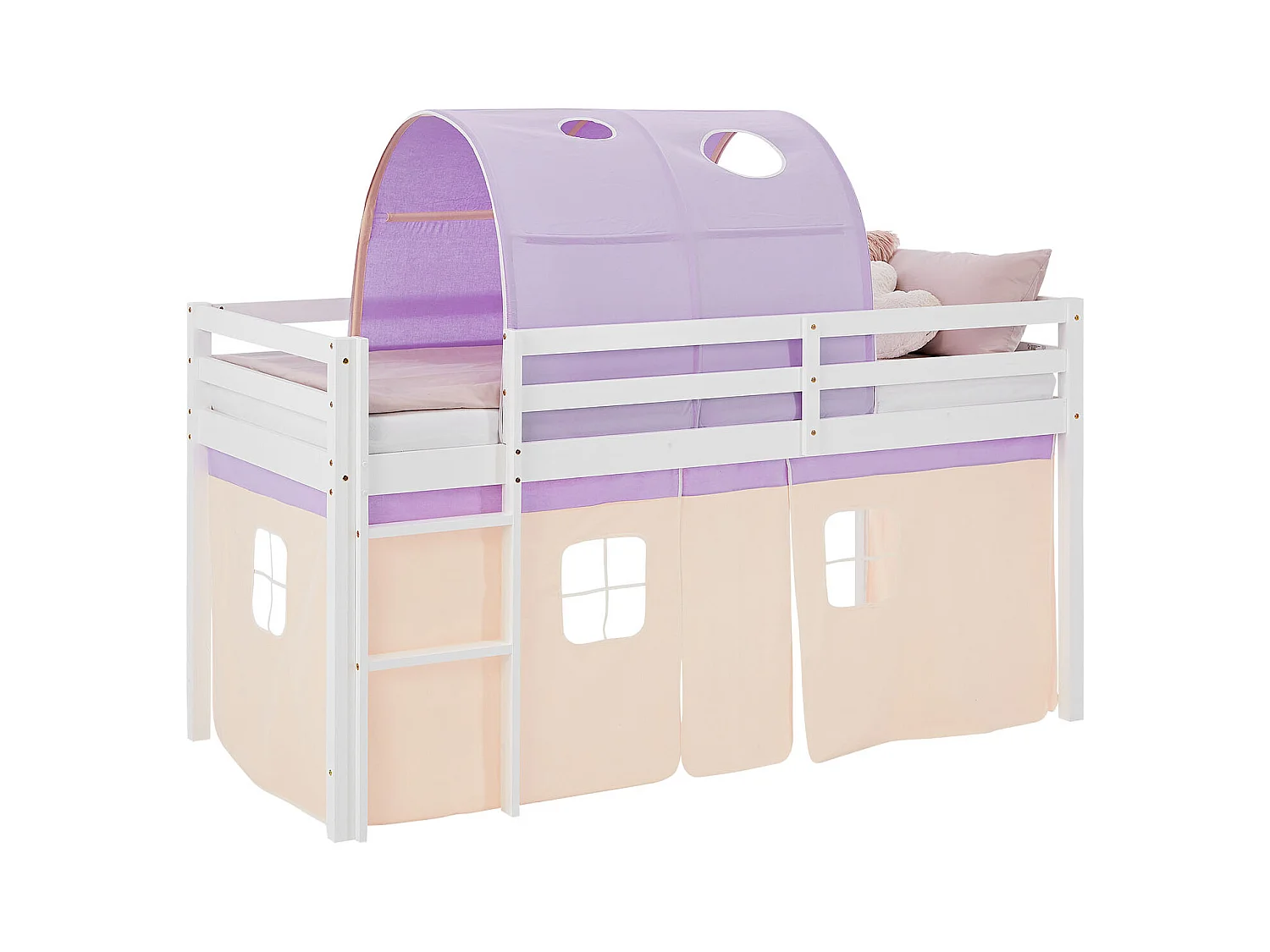 Hochbett 90x200 cm Lila Pfirsich, Etagenbett, Kinderbett, Kiefernholz, Tunnelvorhang, Hochbett mit Lattenrost