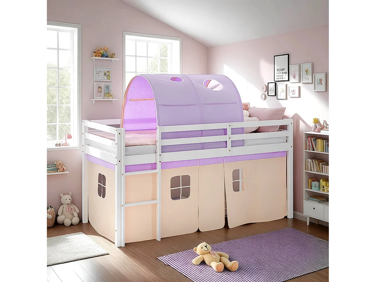 Lit Cabine 90x200 cm Violet Pêche Lit Mezzanine Lit Superposé Lit Enfant en Pin Rideau Tunnel Lit Haut Sommier à Lattes