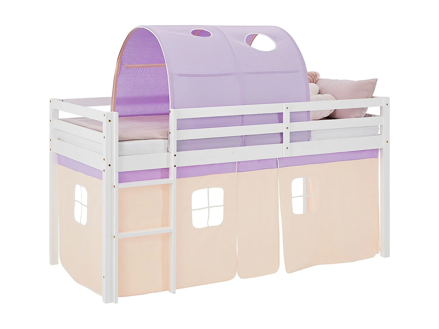 Lit Cabine 90x200 cm Violet Pêche Lit Mezzanine Lit Superposé Lit Enfant en Pin Rideau Tunnel Lit Haut Sommier à Lattes