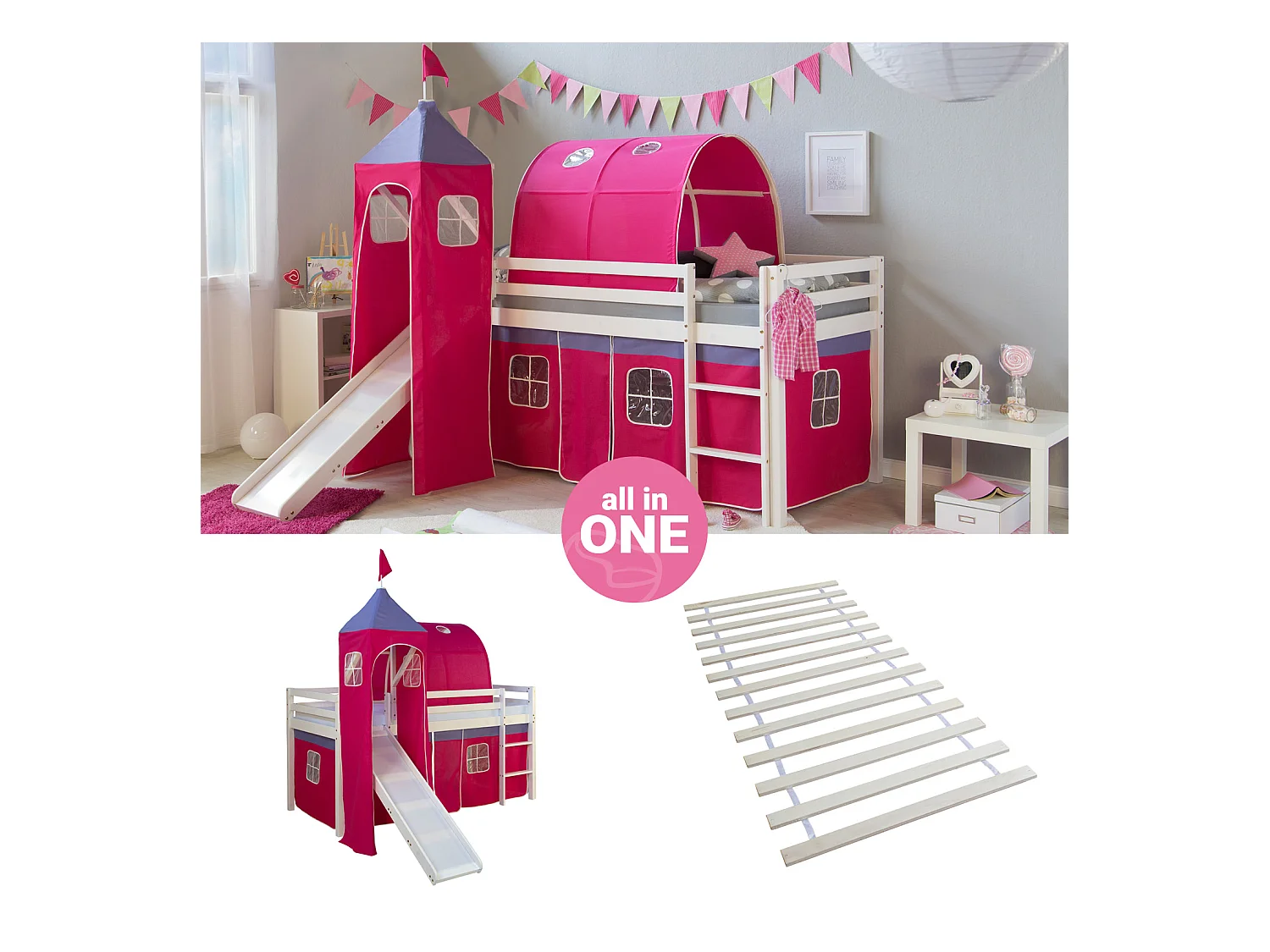 Hochbett 207,5x228x219,5 cm Weiß Rosa