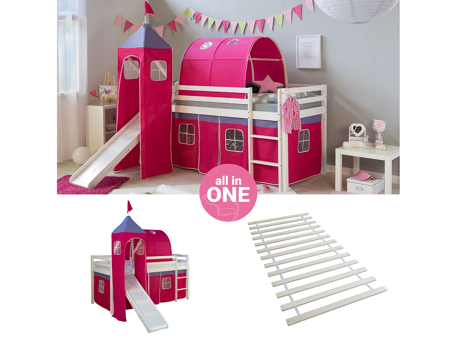 Hochbett 207,5x228x219,5 cm Weiß Rosa