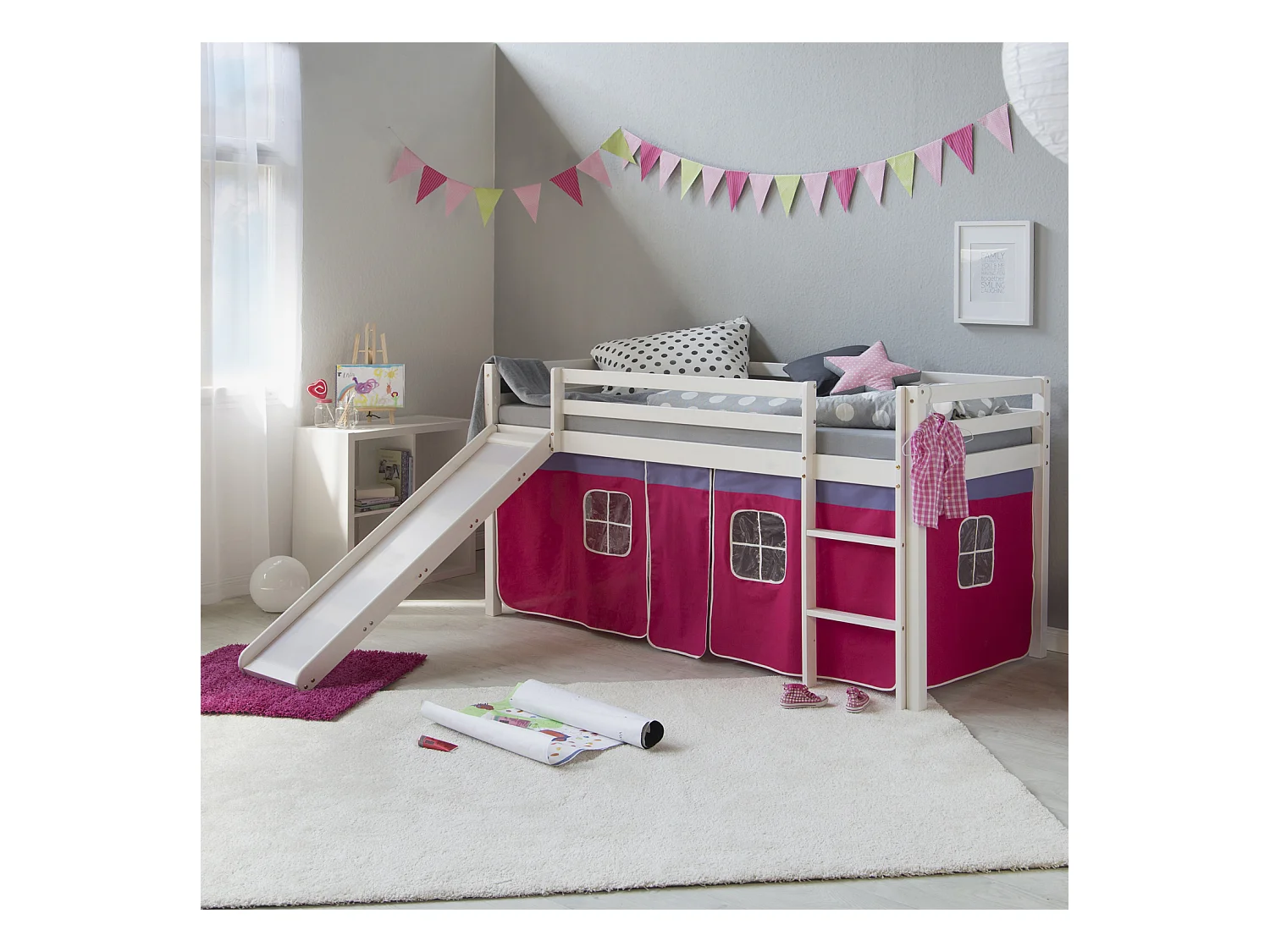 Hochbett 207,5x110x219,5 cm Weiß Pink