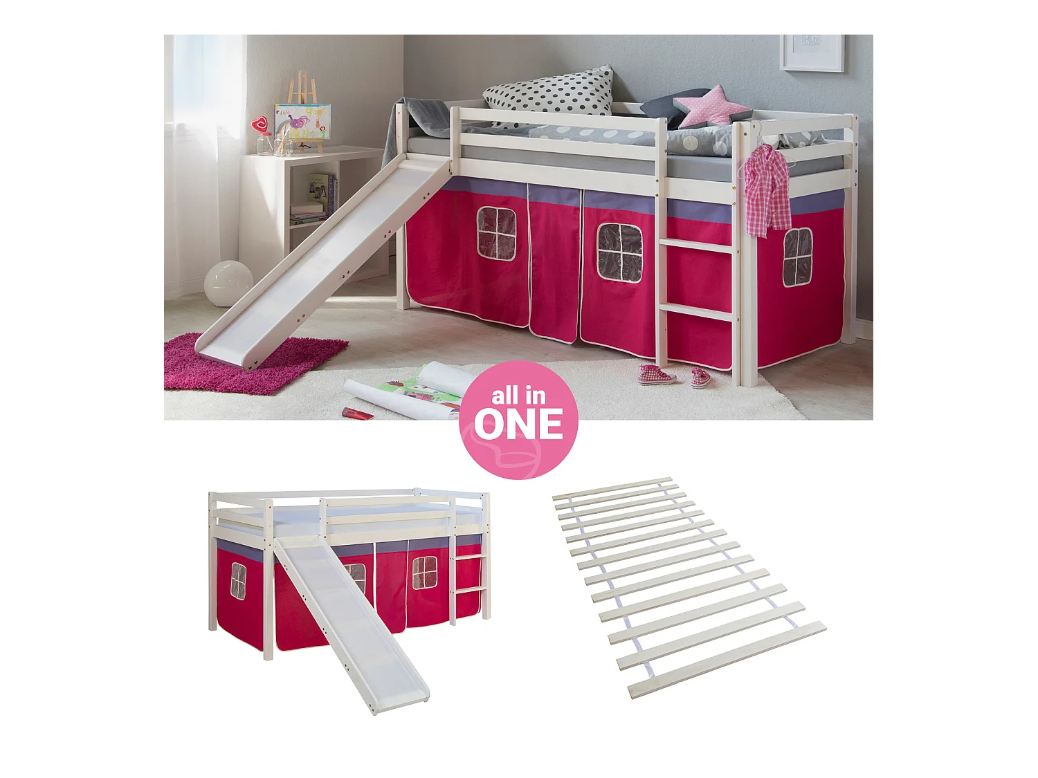 Hochbett 207,5x110x219,5 cm Weiß Pink