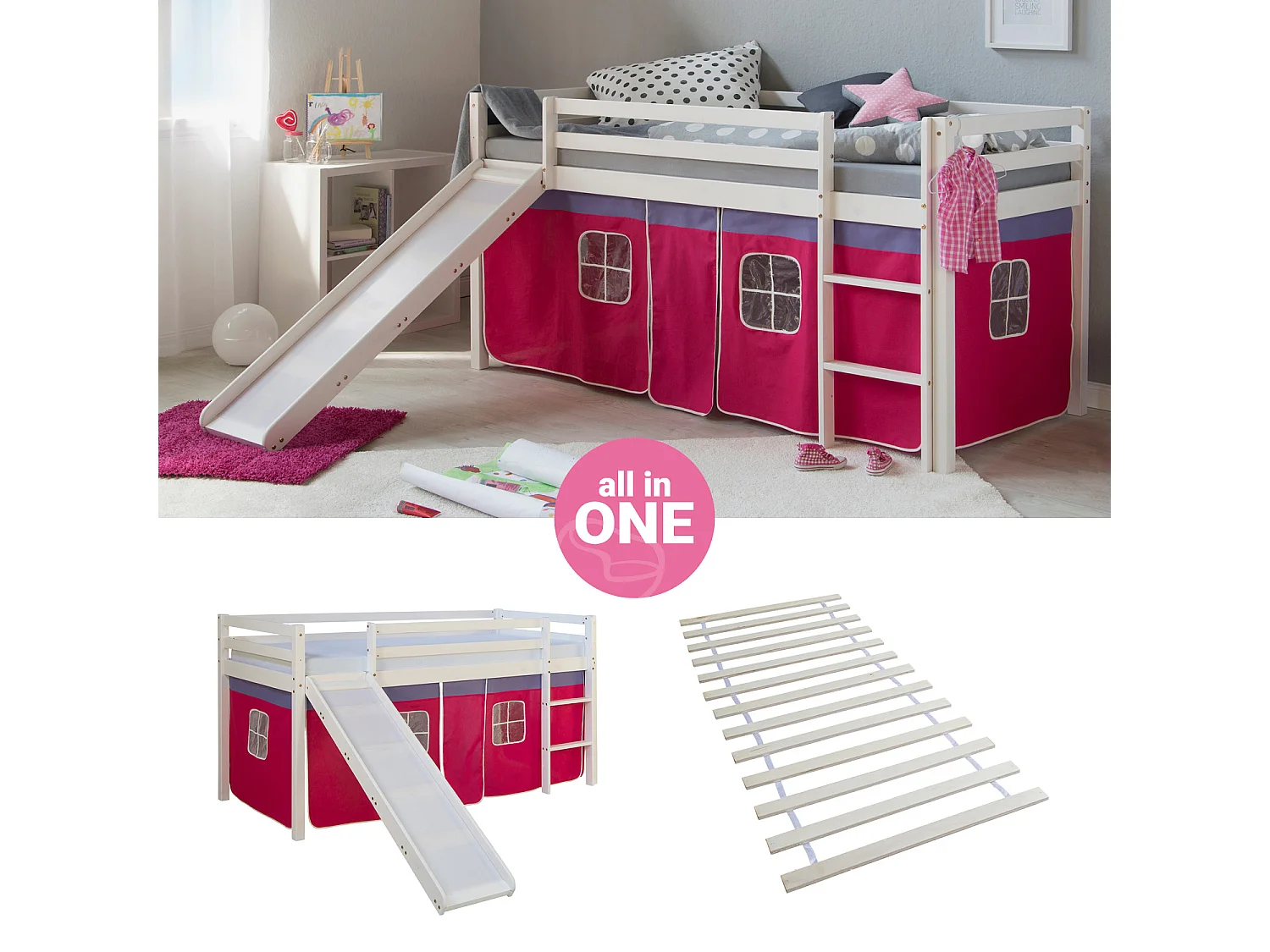 Hochbett 207,5x110x219,5 cm Weiß Pink