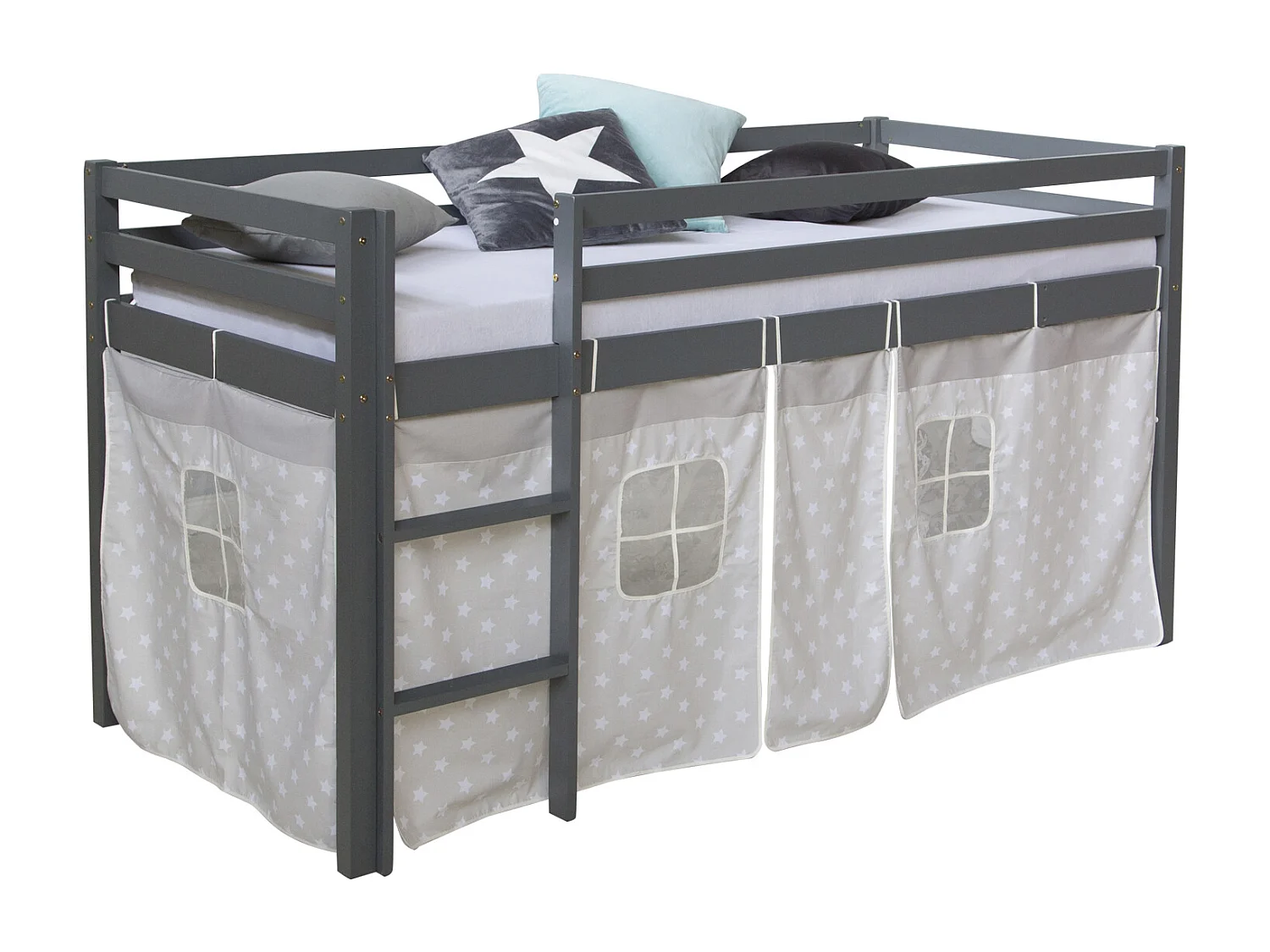 Lit enfant 90x200 cm étoiles grises Pin massif Rideau