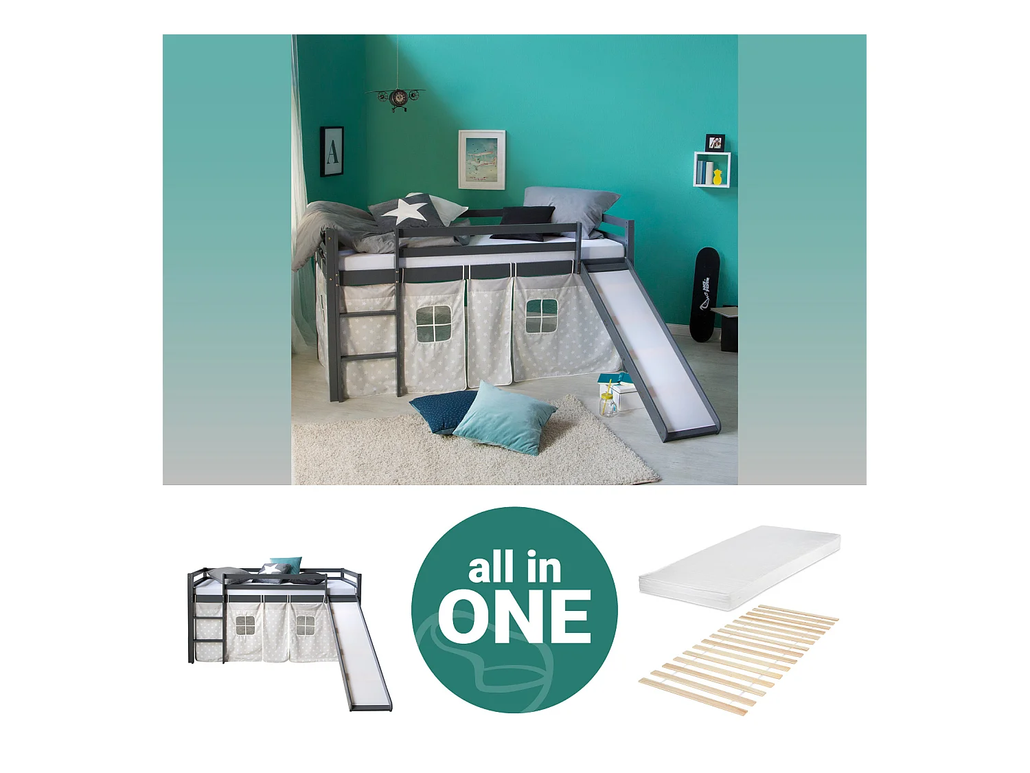 Hochbett 207,5x110x219,5 cm Grau mit Rutsche, Massivkiefer, Vorhang, Sterne, Lattenrost