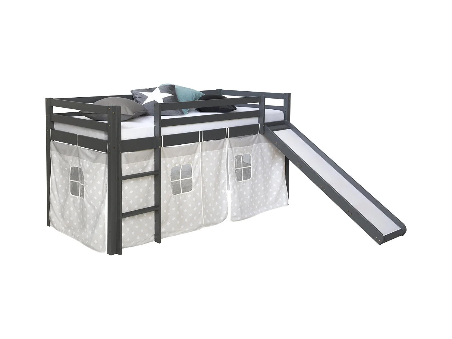 Hochbett 207,5x110x219,5 cm Grau mit Rutsche, Massivkiefer, Vorhang, Sterne, Lattenrost