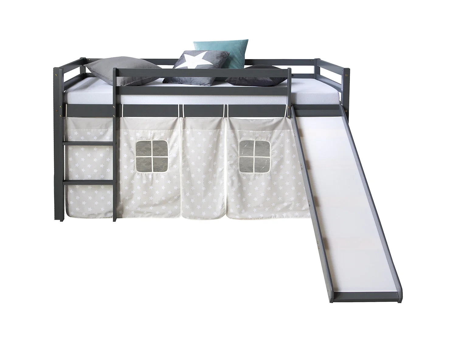 Hochbett 207,5x110x219,5 cm Grau mit Rutsche, Massivkiefer, Vorhang, Sterne, Lattenrost