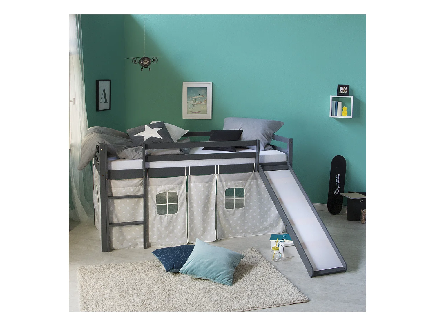 Lit mezzanine 207,5x110x219,5 cm Gris avec toboggan pin massif rideau étoiles lattes