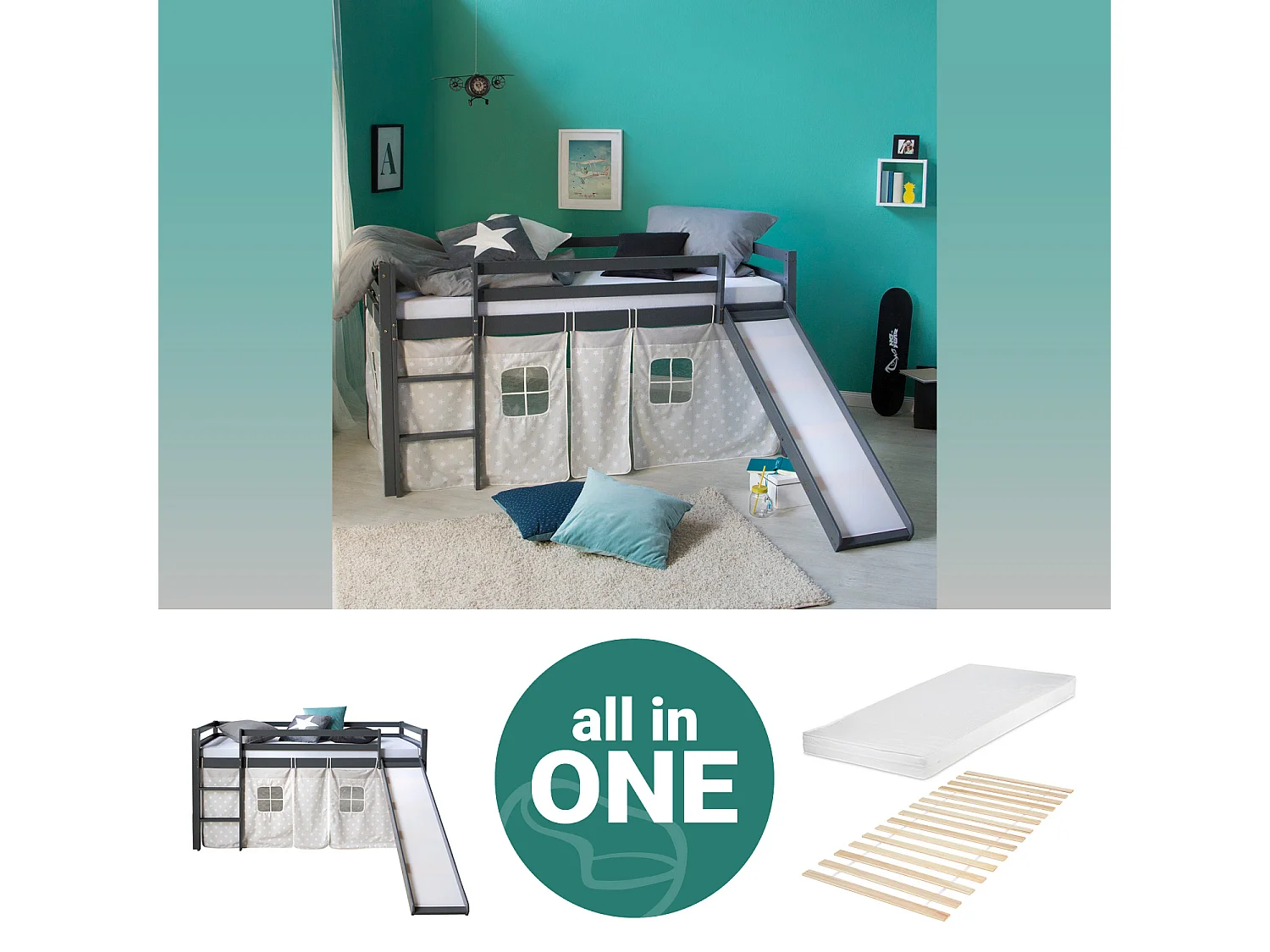 Lit mezzanine 207,5x110x219,5 cm Gris avec toboggan pin massif rideau étoiles lattes