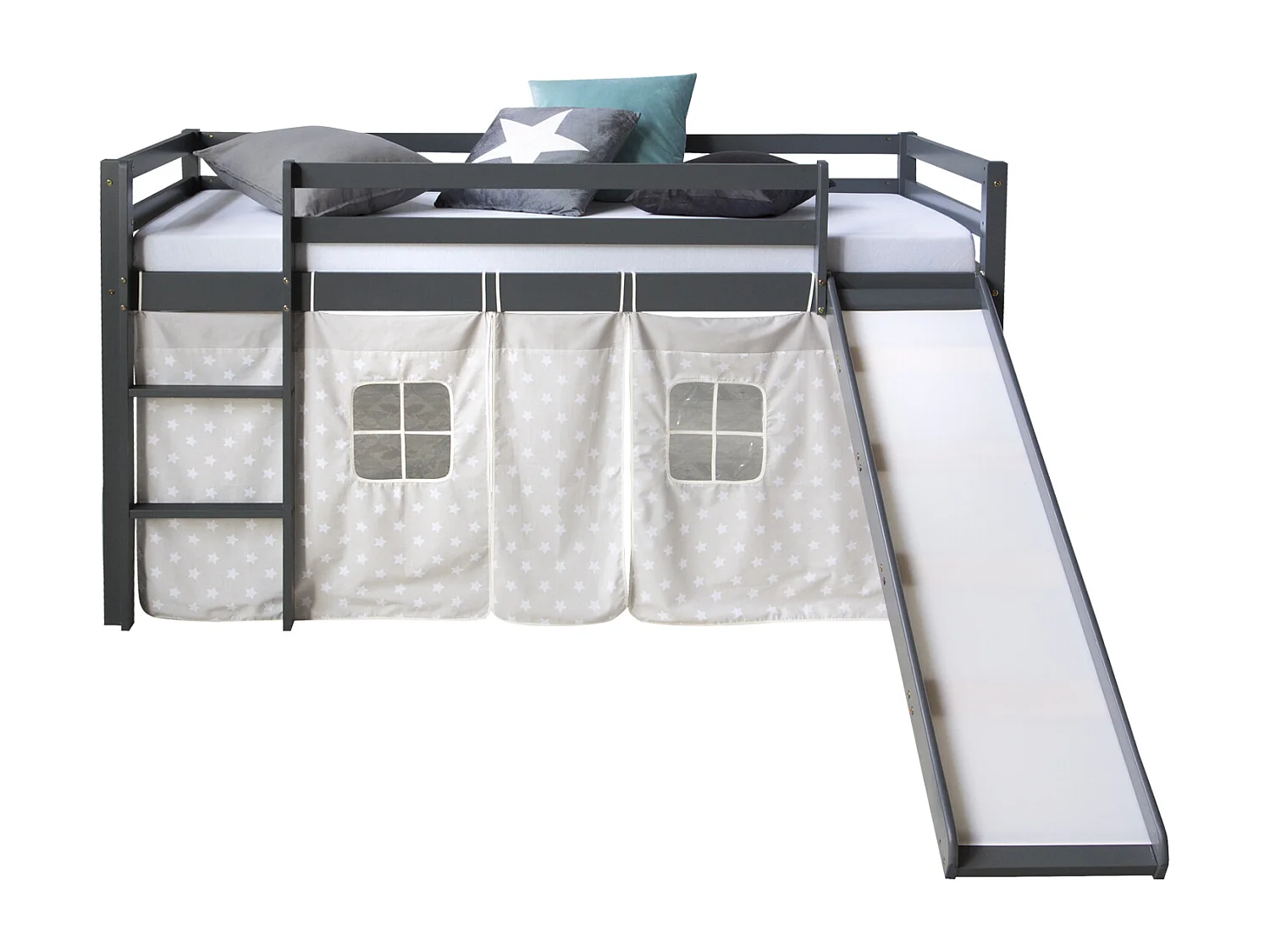 Lit mezzanine 207,5x110x219,5 cm Gris avec toboggan pin massif rideau étoiles lattes