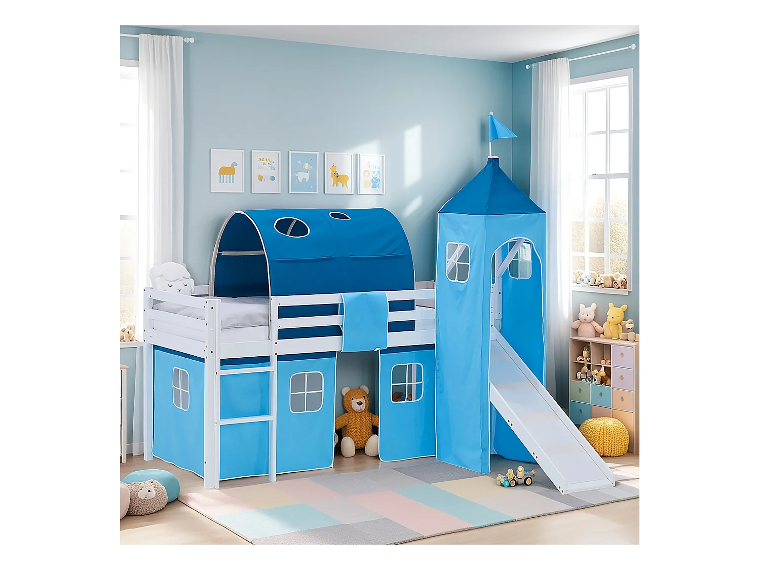 Lit Mezzanine pour Enfants 90x200 cm Blanc Bleu