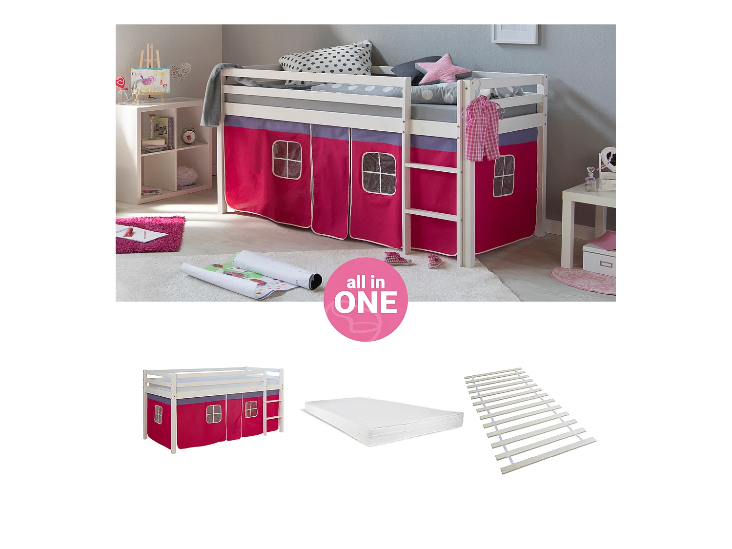 Hochbett 207,5x110x96,5 cm weiß rosa