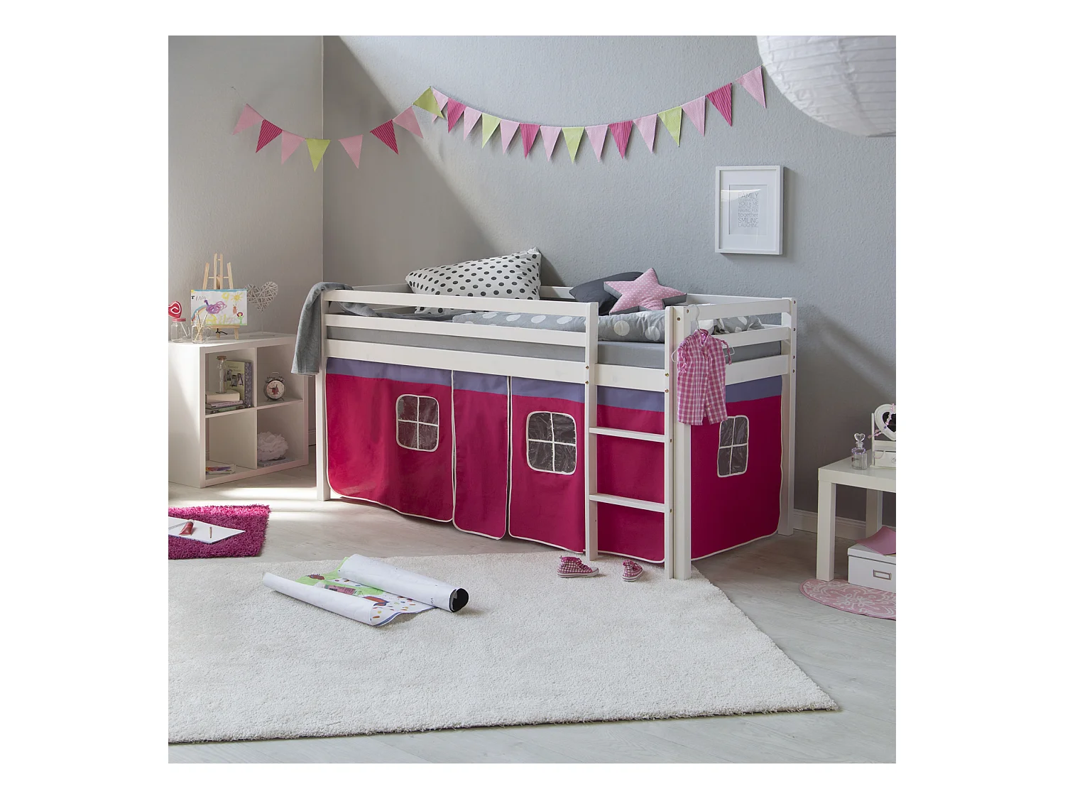 Letto a soppalco 207,5x110x96,5 cm bianco rosa