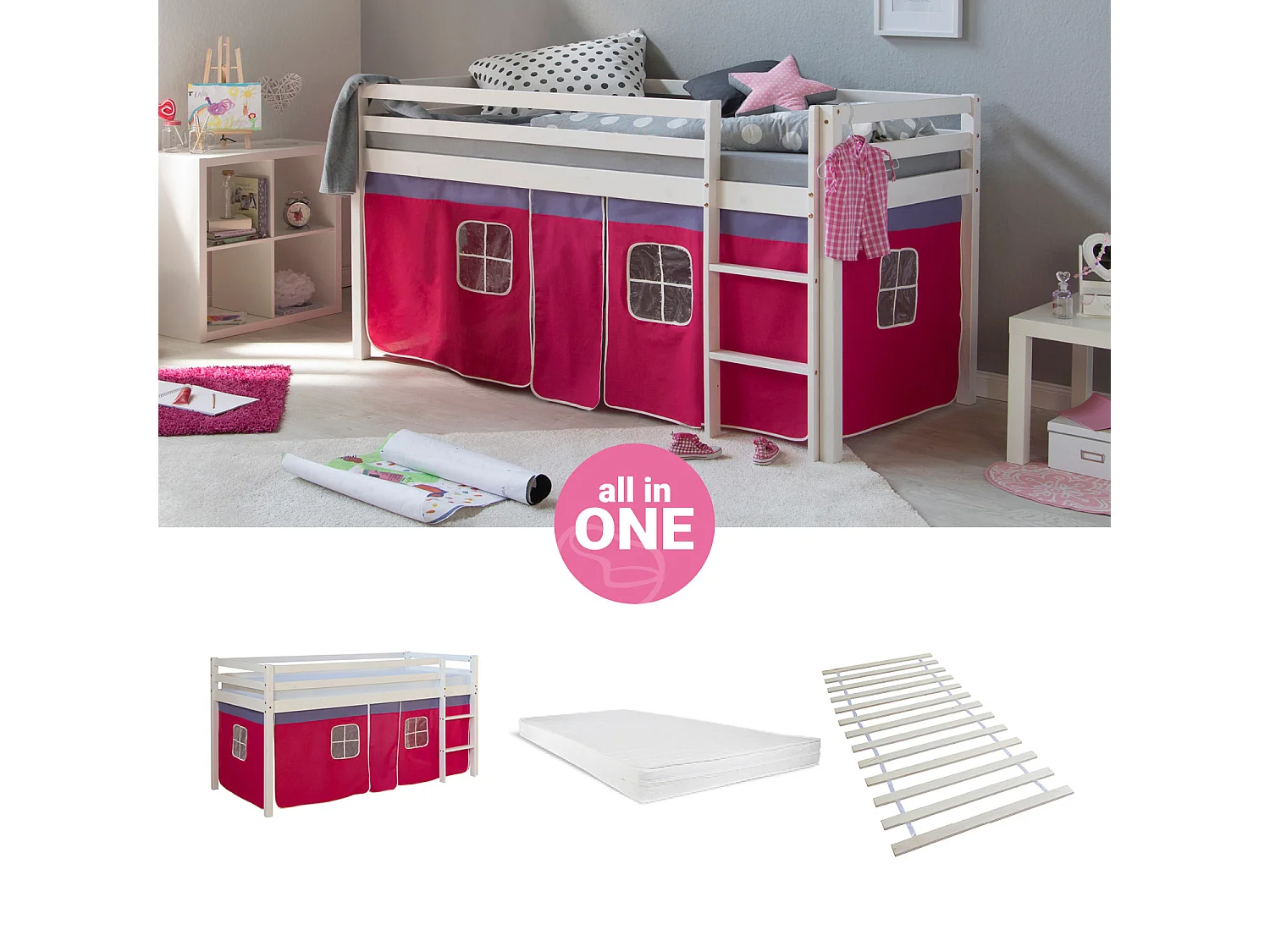 Lit mezzanine 207,5x110x96,5 cm blanc rose