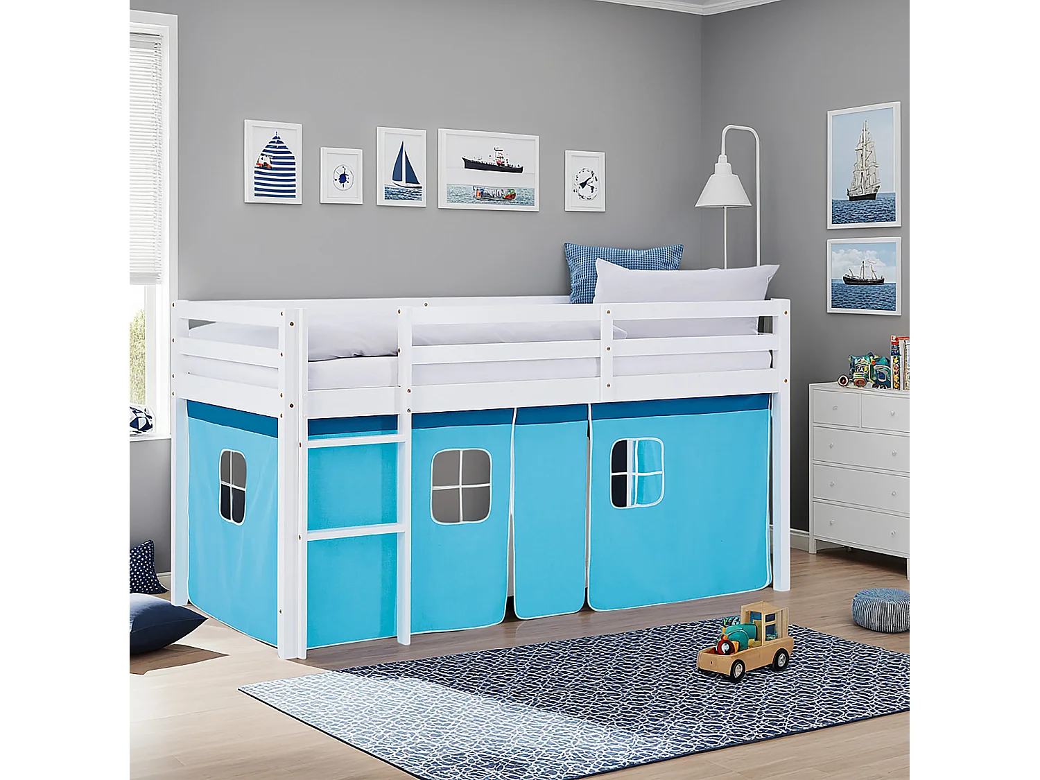 Hochbett 90x200 cm Blau Kinderbett mit Stauraum