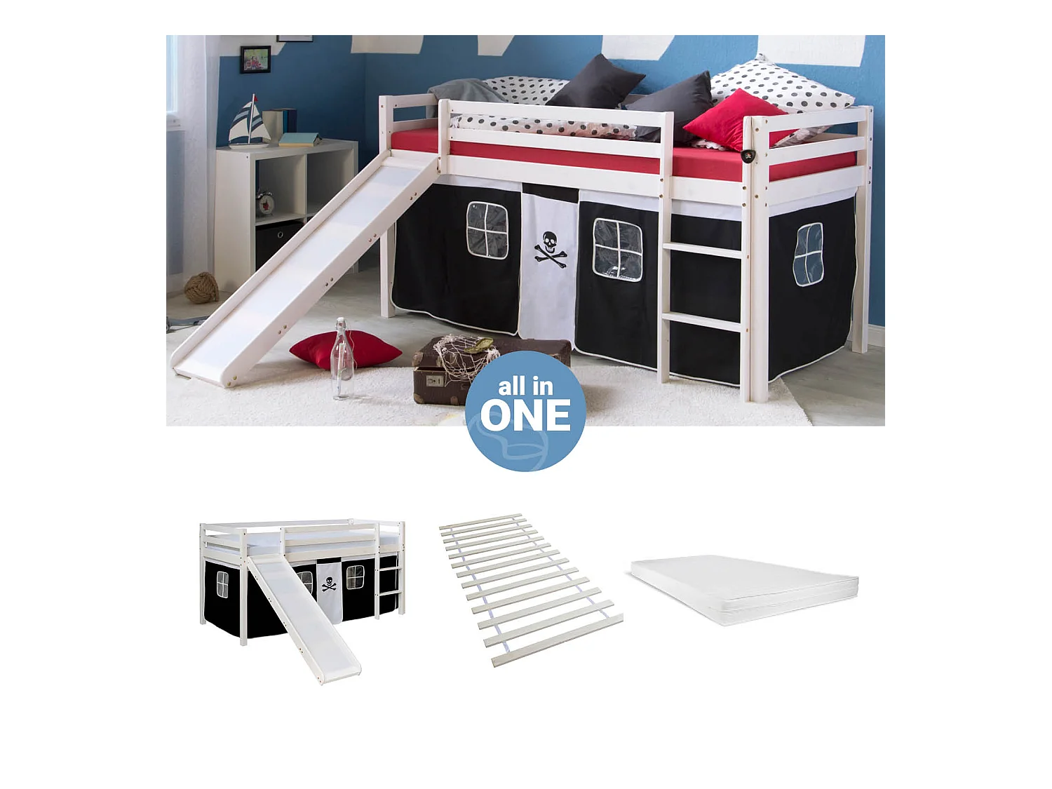 Hochbett 207,5x110x96,5 cm weiß schwarz Pirat