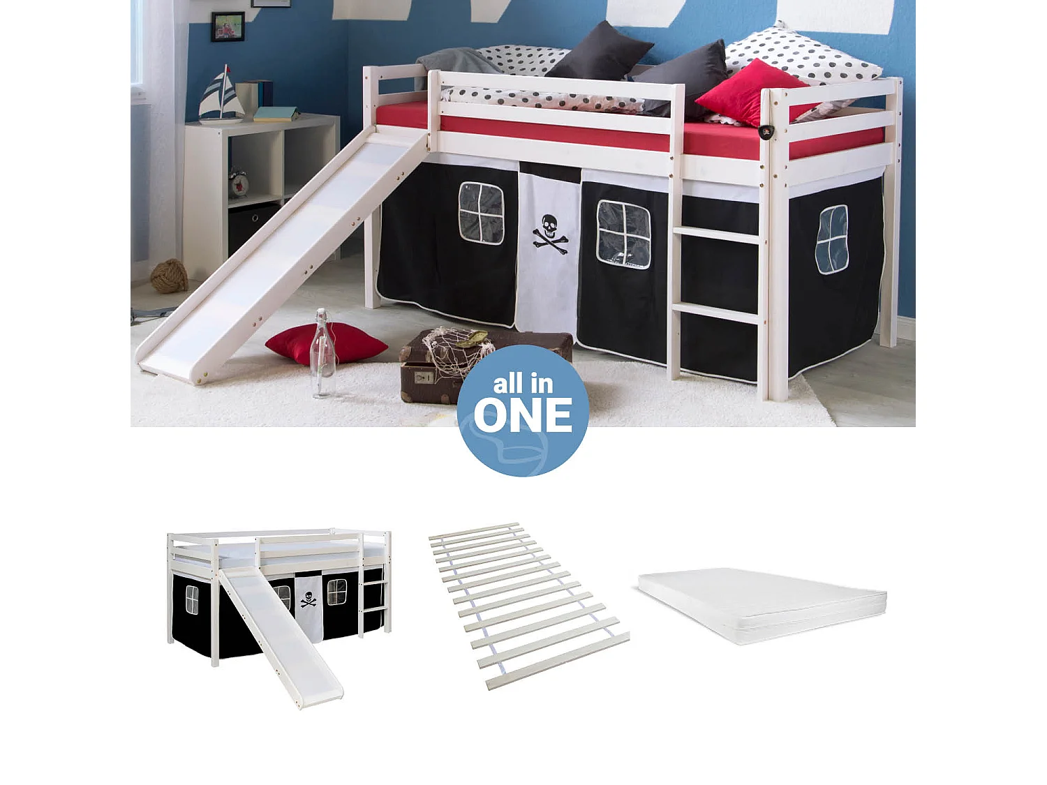 Hochbett 207,5x110x96,5 cm weiß schwarz Pirat