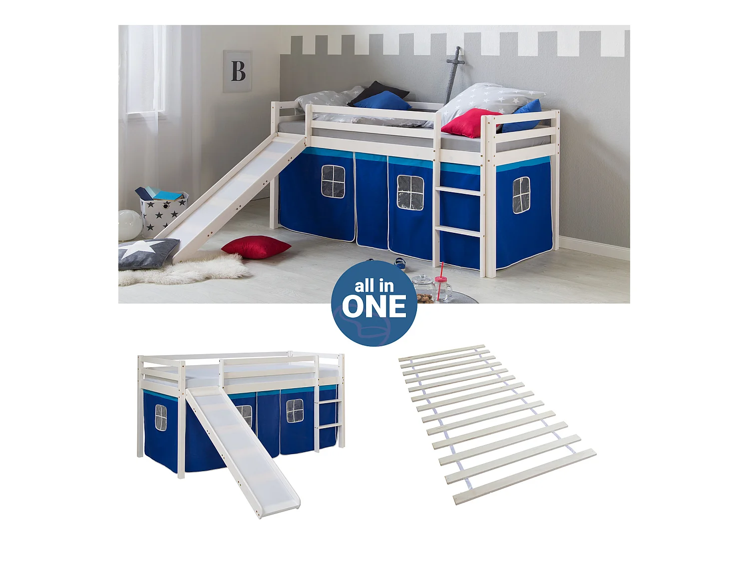 Hochbett 90x200 cm weiß blau