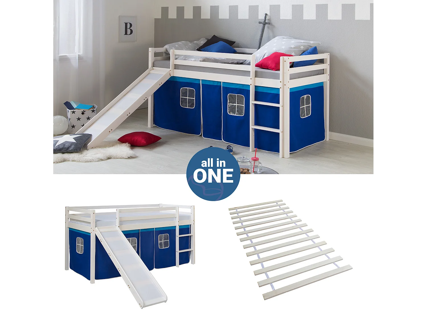 Hochbett 90x200 cm weiß blau
