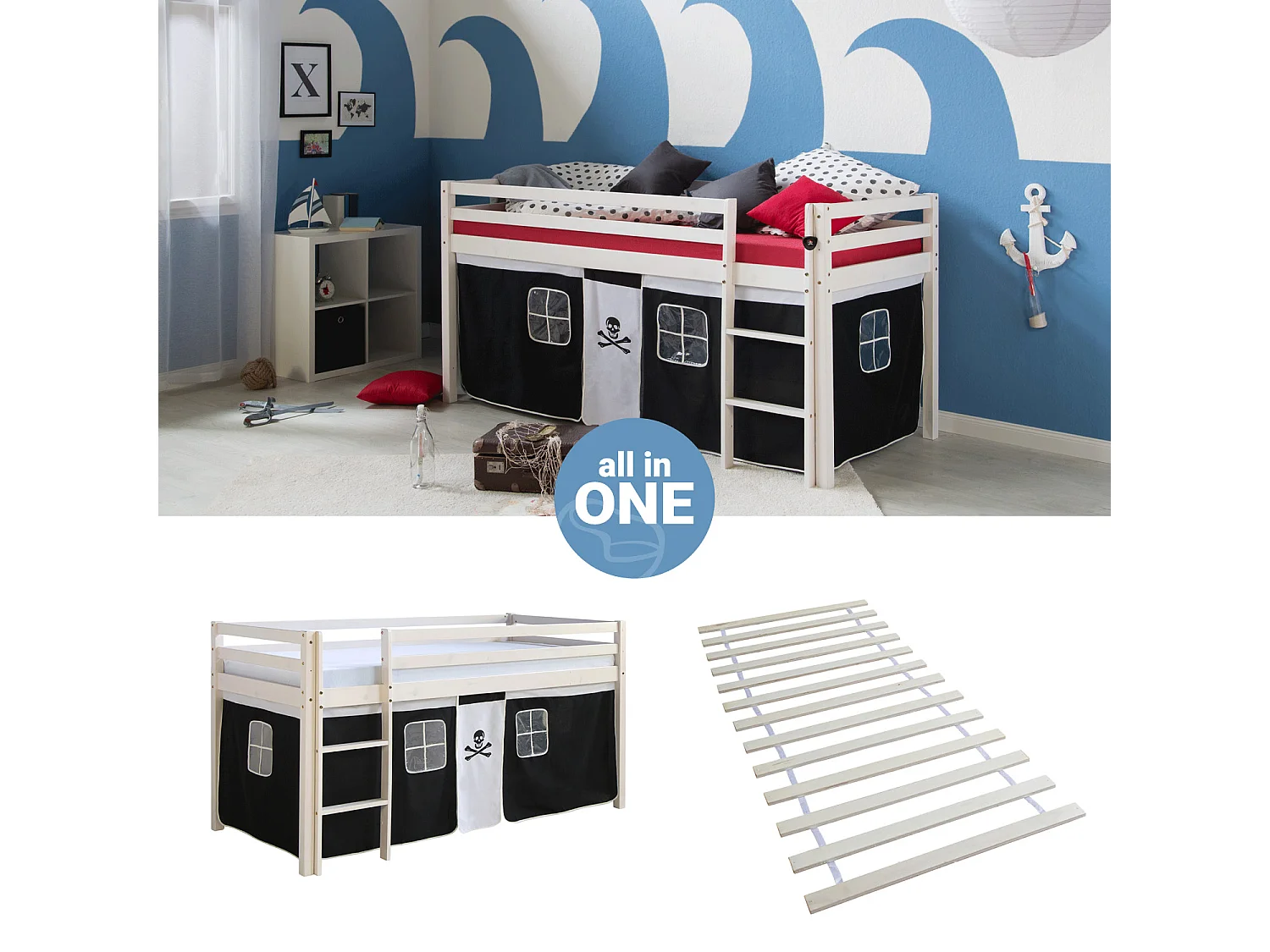 Hochbett 90x200 cm Schwarz Pirat