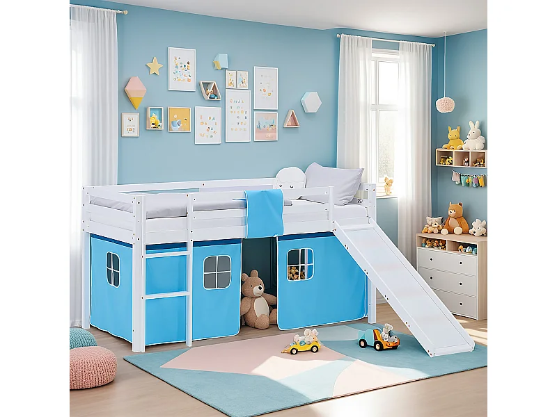Hochbett für Kinder 90x200 cm Weiß Blau