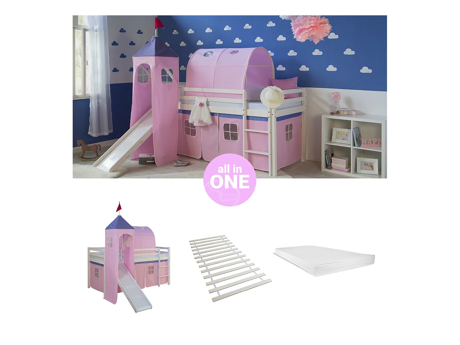 Hochbett 90x200 cm Rosa