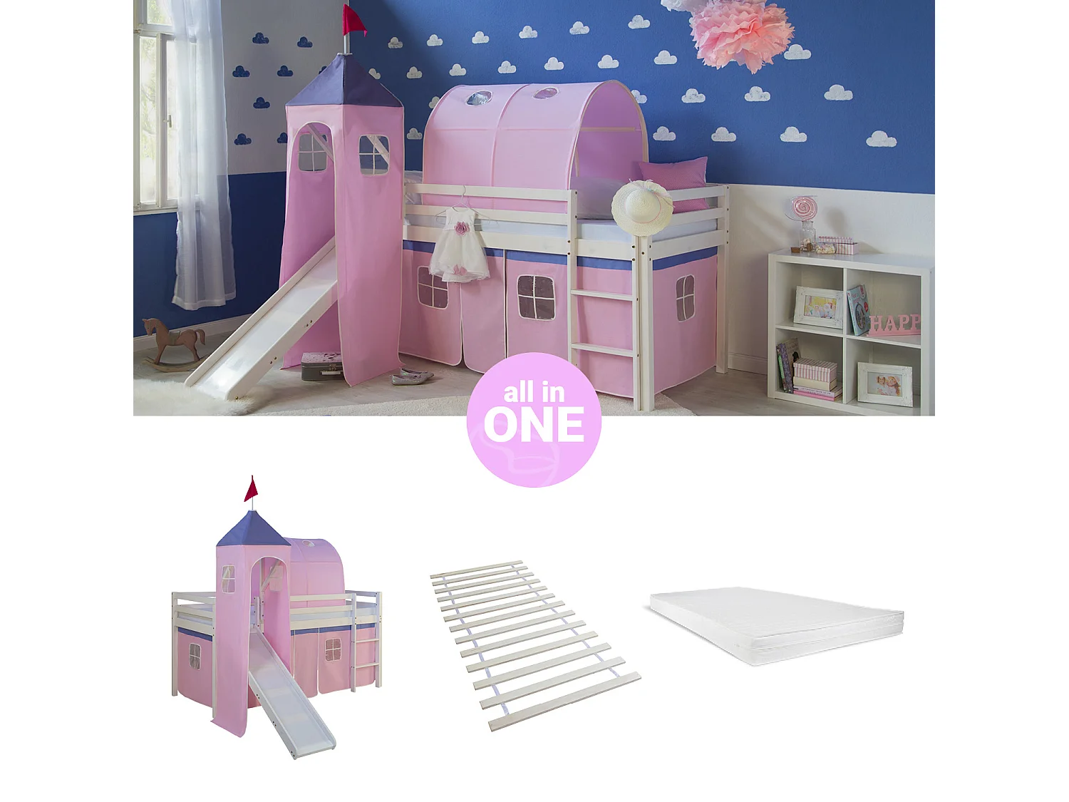 Hochbett 90x200 cm Rosa