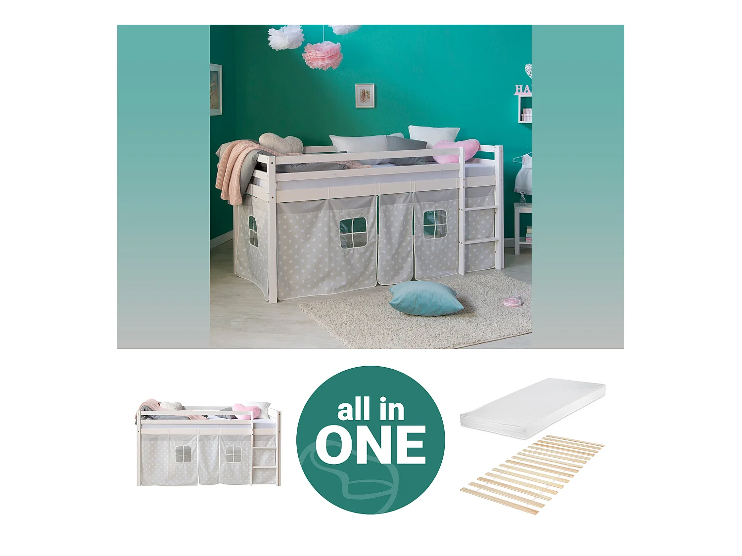 Hochbett 90x200 cm weiß grau Sterne